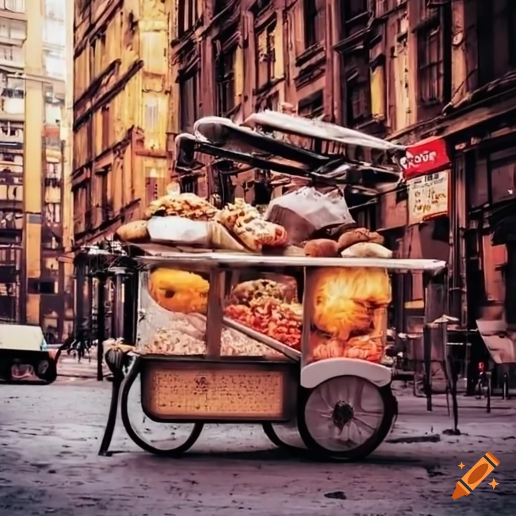 Trolley full of food in a bustling metropolis street