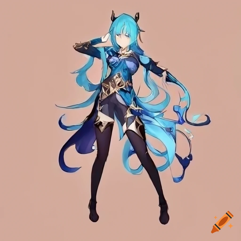 Detailed concept art character sheet of a blue-haired dragon girl in Mondstadt style clothing