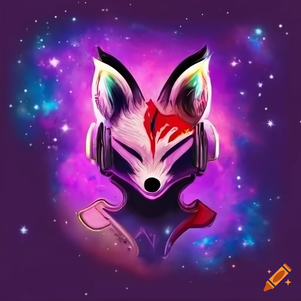 Cyberpunk kitsune logo with headphone amidst purple nebula