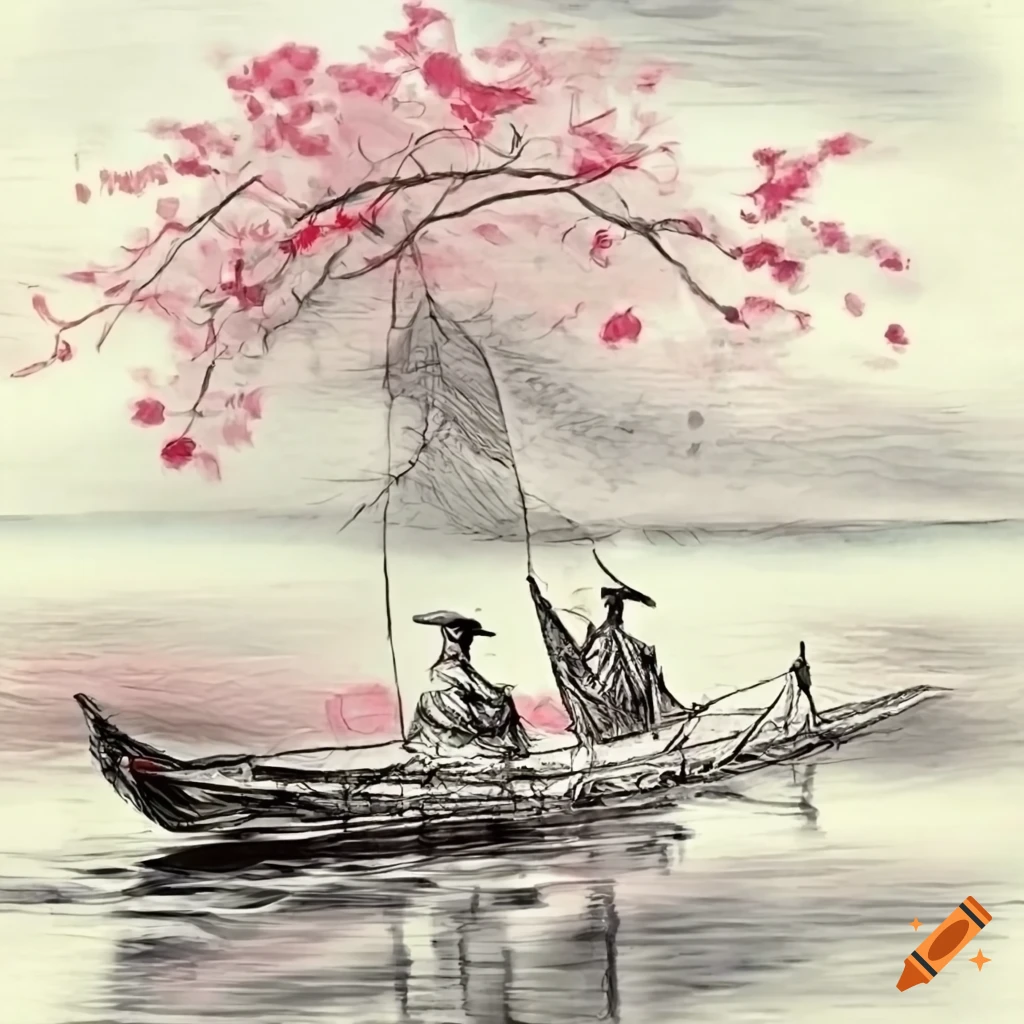 Chinese river with a tree and a samurai on a canoe with a flag