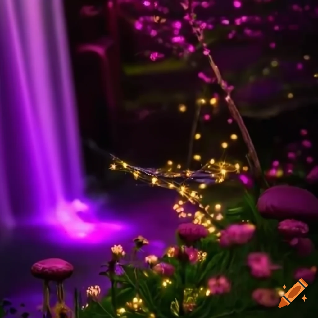 Beautiful flower garden with twinkling lights and waterfall on Craiyon
