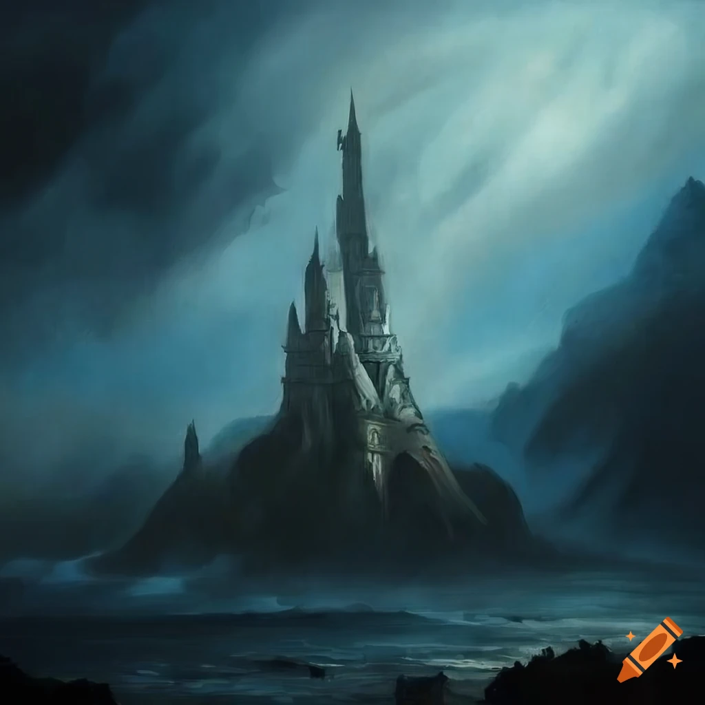 Glittering tall white citadel amidst a stormy sea and dark cloudy sky in fantasy artwork