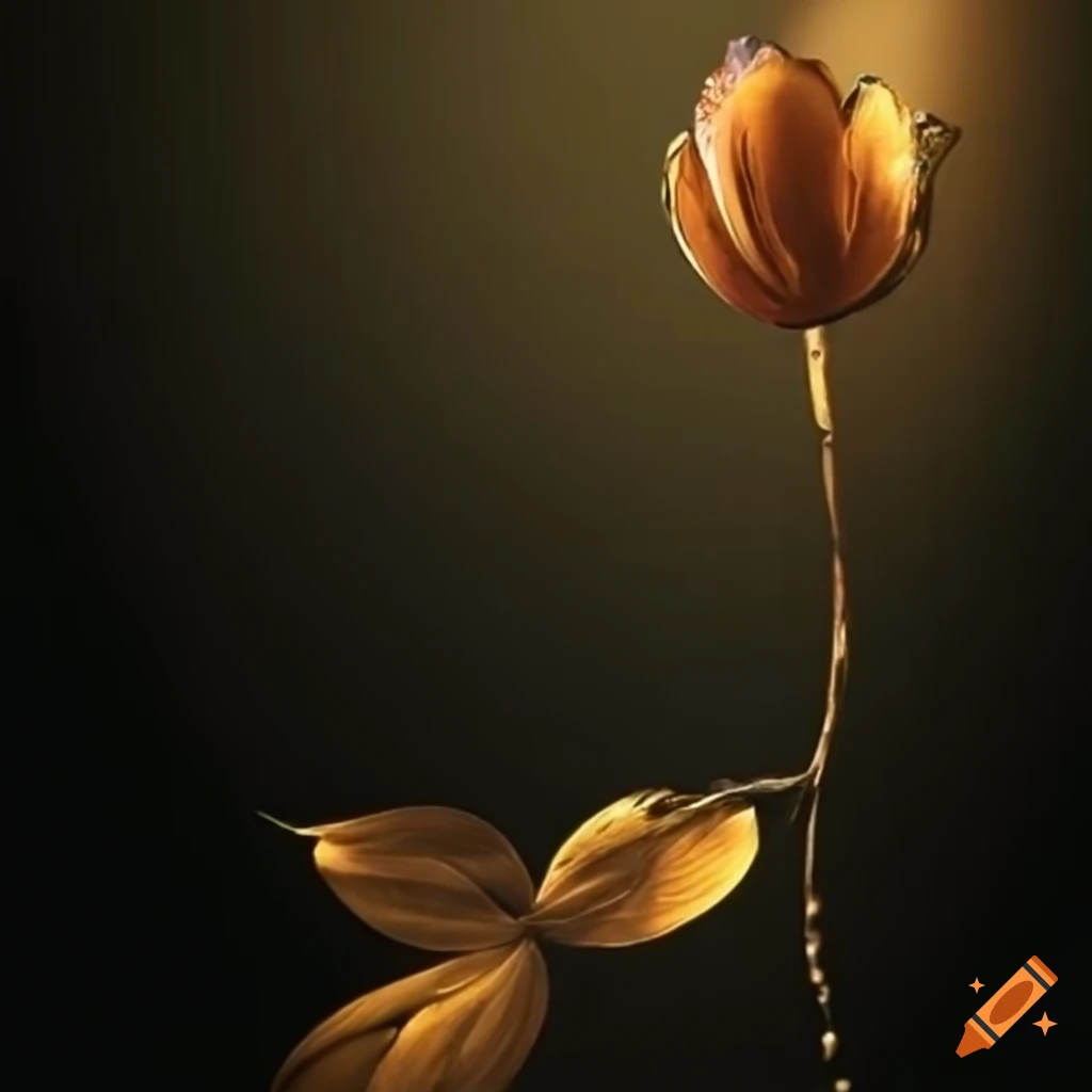 Mysterious flower bud with flowing backlit golden leaves in a Rococo painting style
