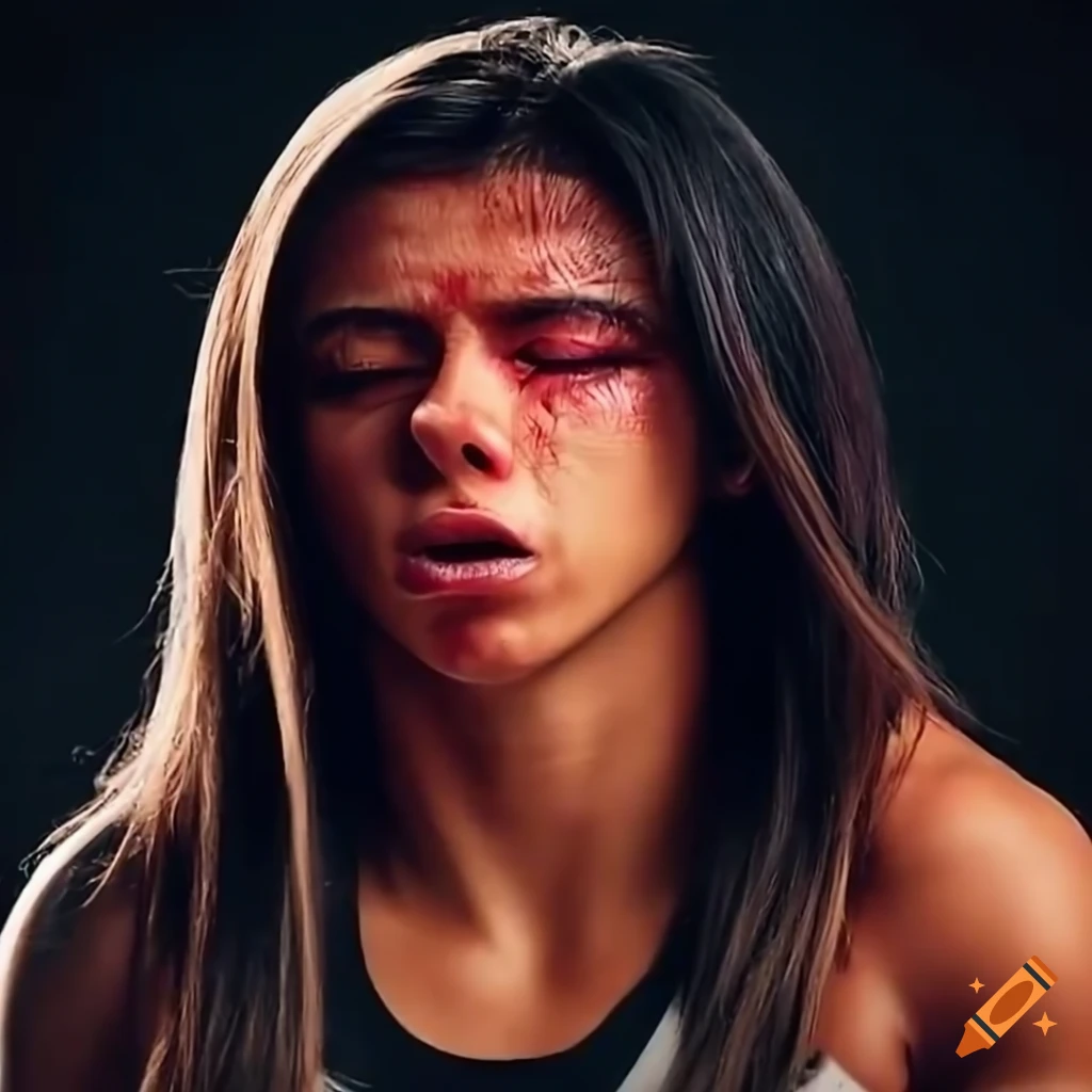Bruised and dizzied woman martial fighter in a movie scene on Craiyon