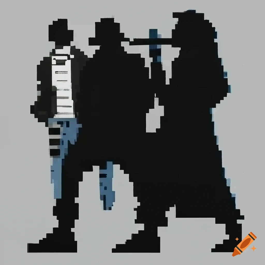 Pixelated silhouette painting of three people in a punk brooklyn ...
