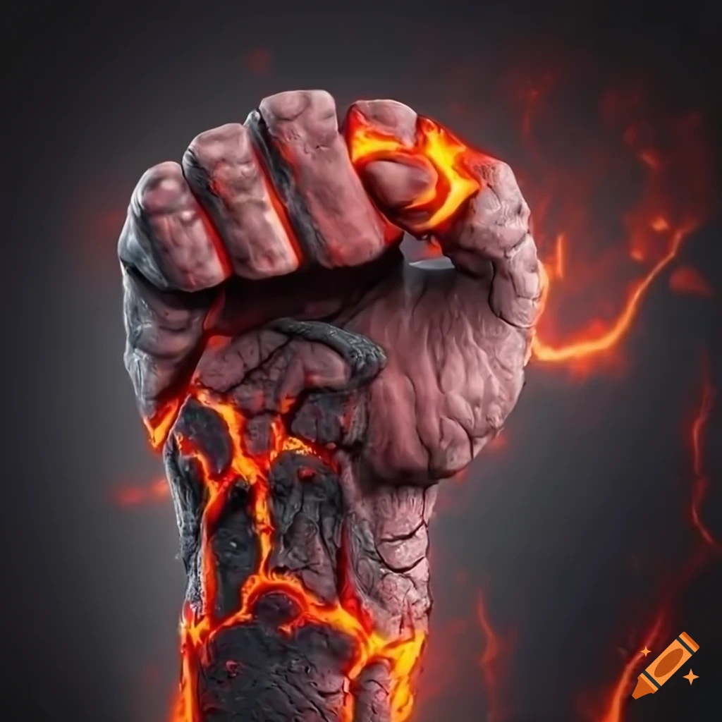 Clenched fist with lava cracks on dark background