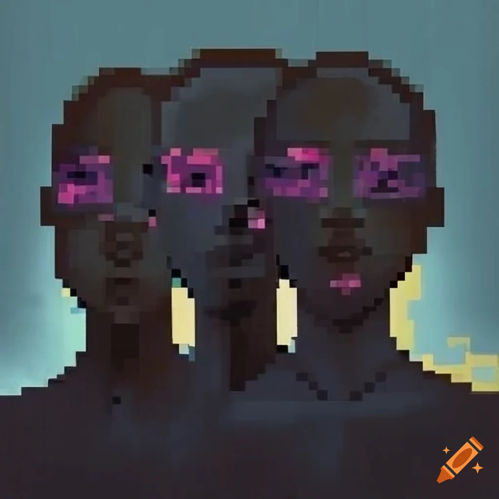 Pixelated silhouette surrealist painting of a group of three people on ...