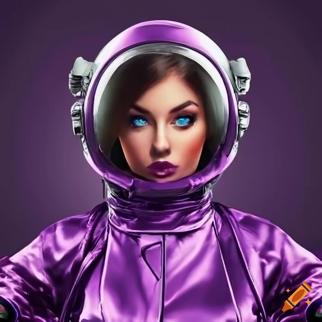 Beautiful female astronaut in a purple formfitting spacesuit with a