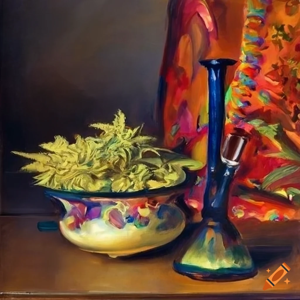 Still life painting of bong pipe and marijuana weed on a brown wooden table with colorful fabric