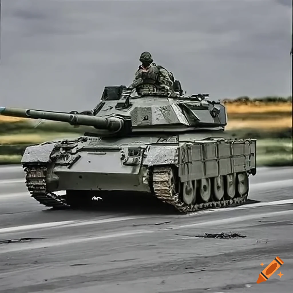 Military tank driving with special forces soldier nearby