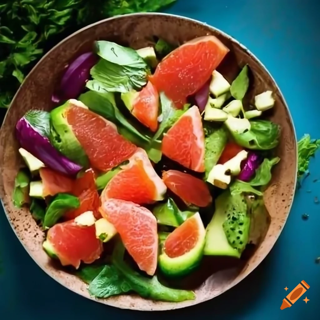 Healthy salad with grapefruit and avocado at a picnic