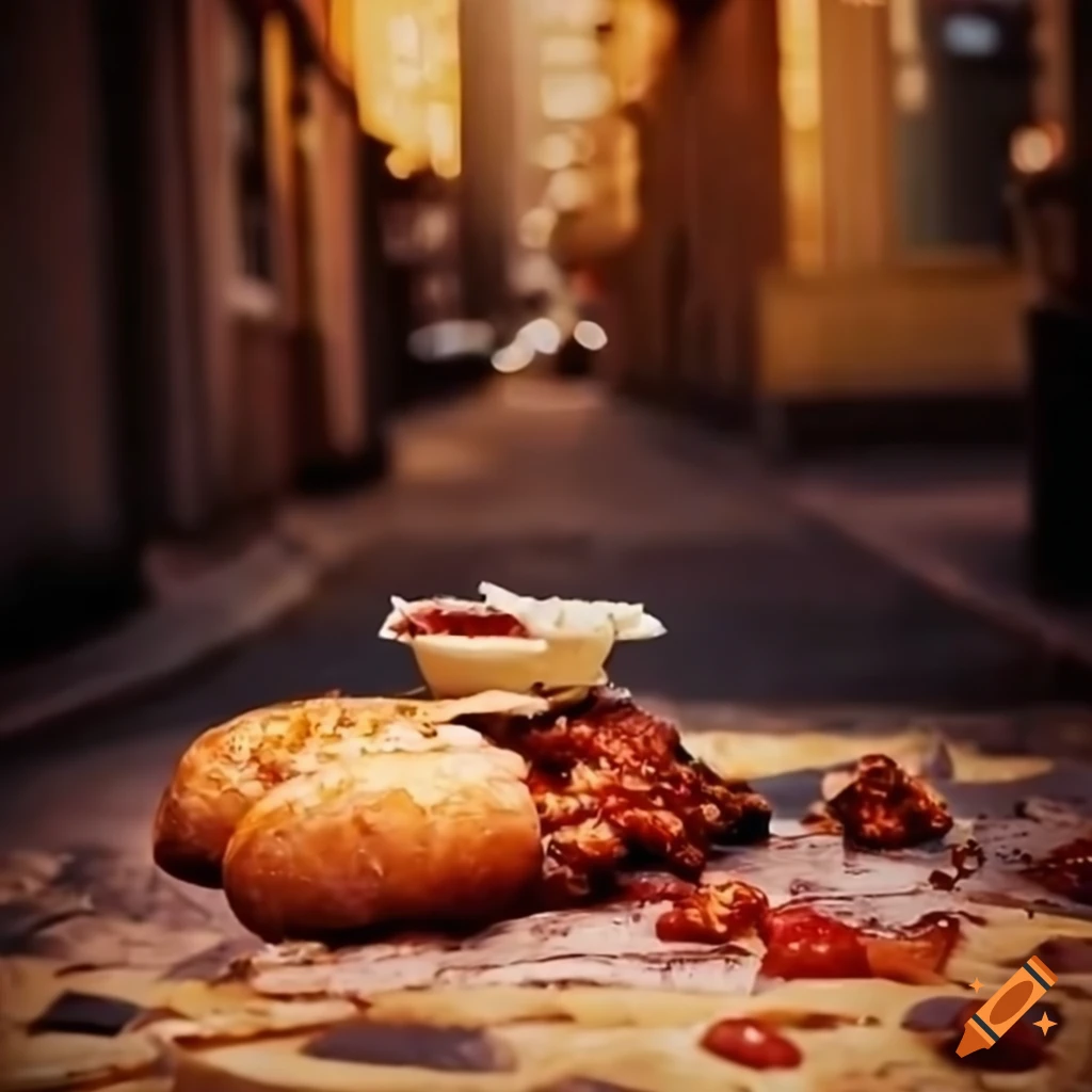 Abundant street food spread on an outdoor table in a bustling city