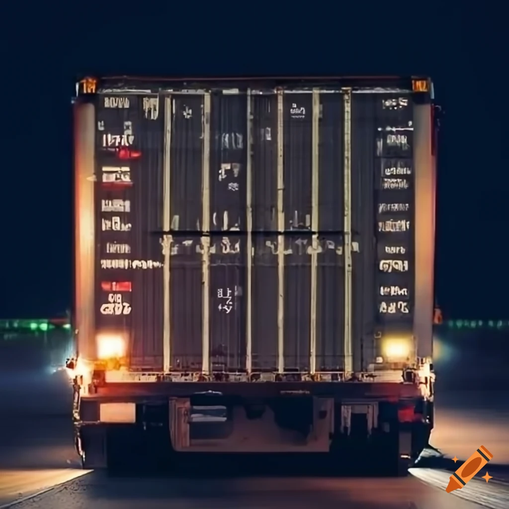 Back view of a shipping container loaded on a truck with stop lights at night