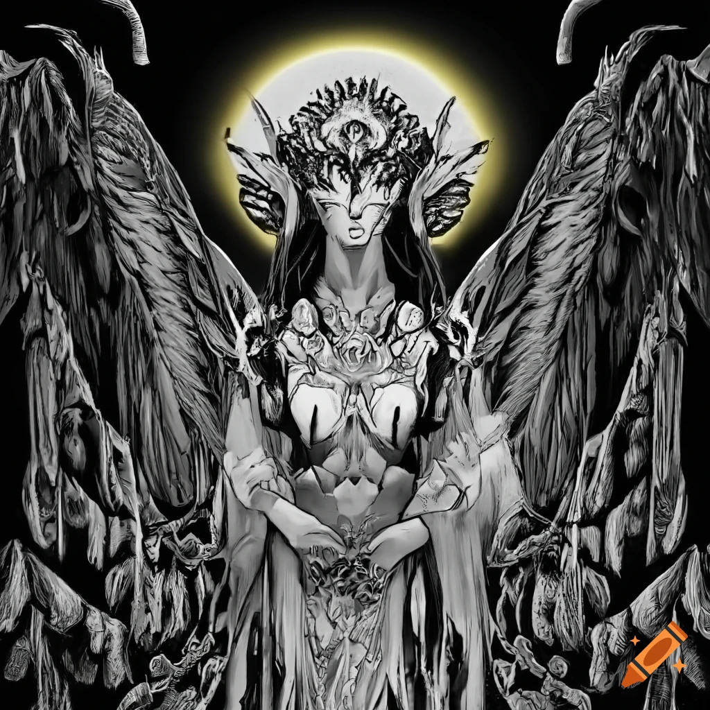Artistic composition with angelic demon apostle and beautiful woman's face