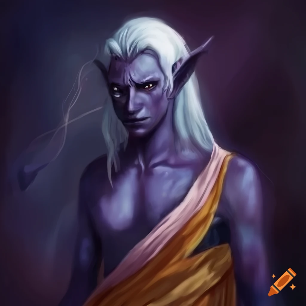 Male drow in brightly colored monk habit in a fantasy setting