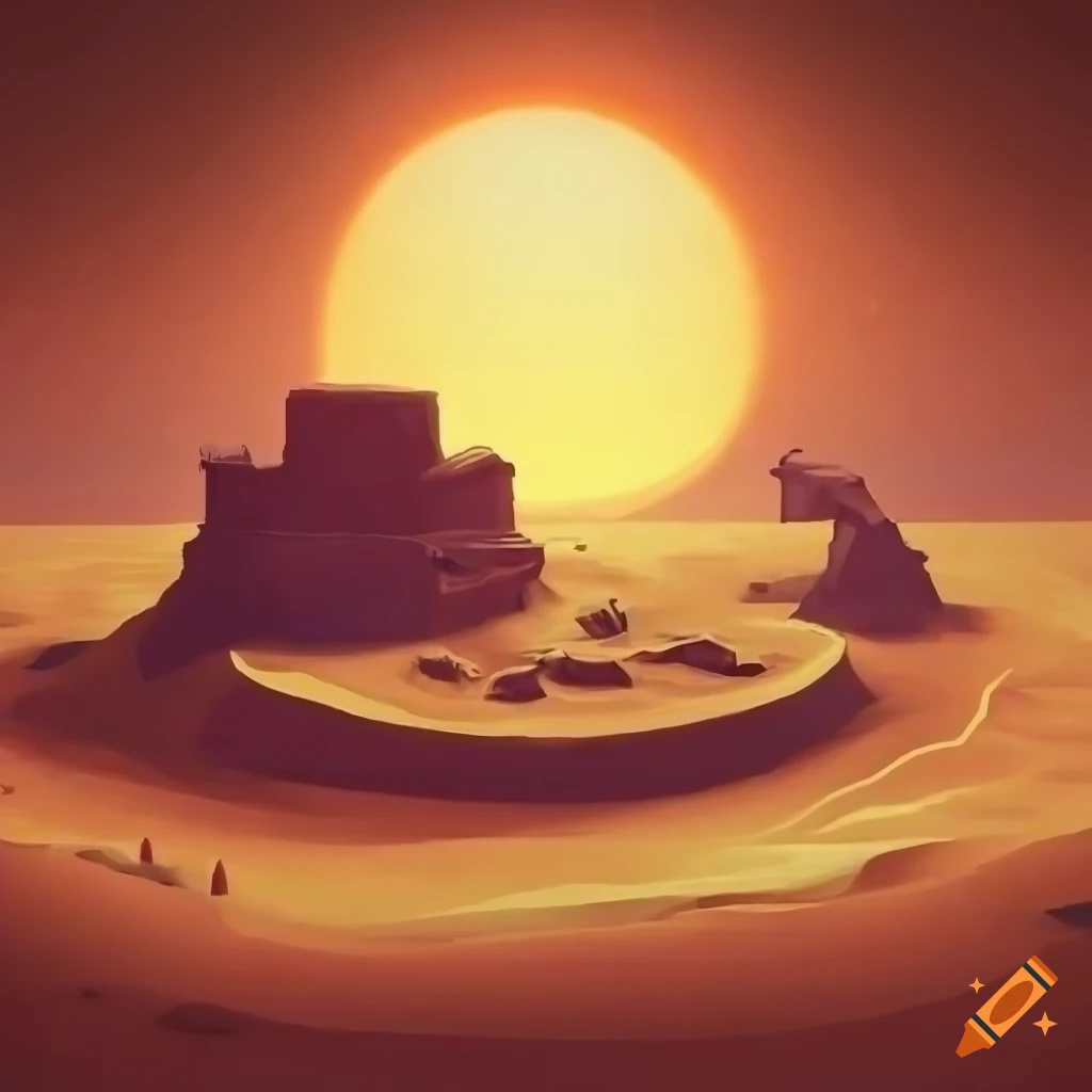 Detailed desert ruins in a fantasy diablo3 style with sunset on Craiyon