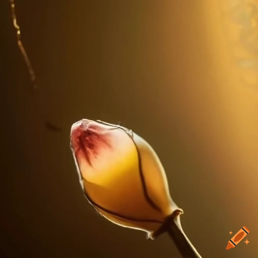 Mysterious flower bud with long stem and golden leaves in rococo style