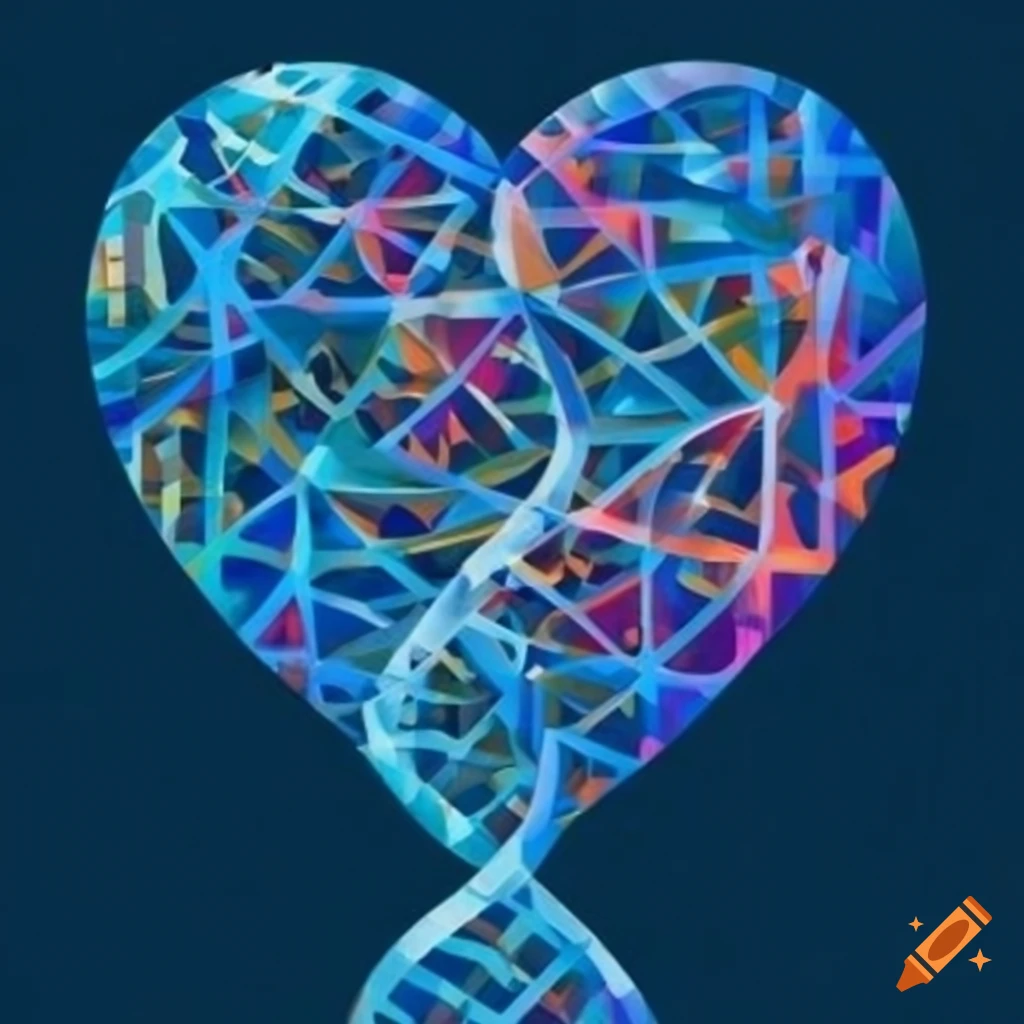 Blue mosaic art with heart, liver, and DNA helix