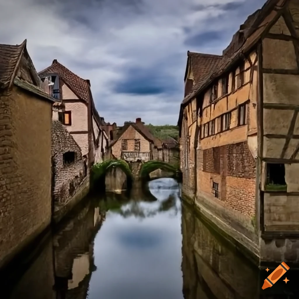 Medieval village with multi-story buildings, canal, and bridge on Craiyon