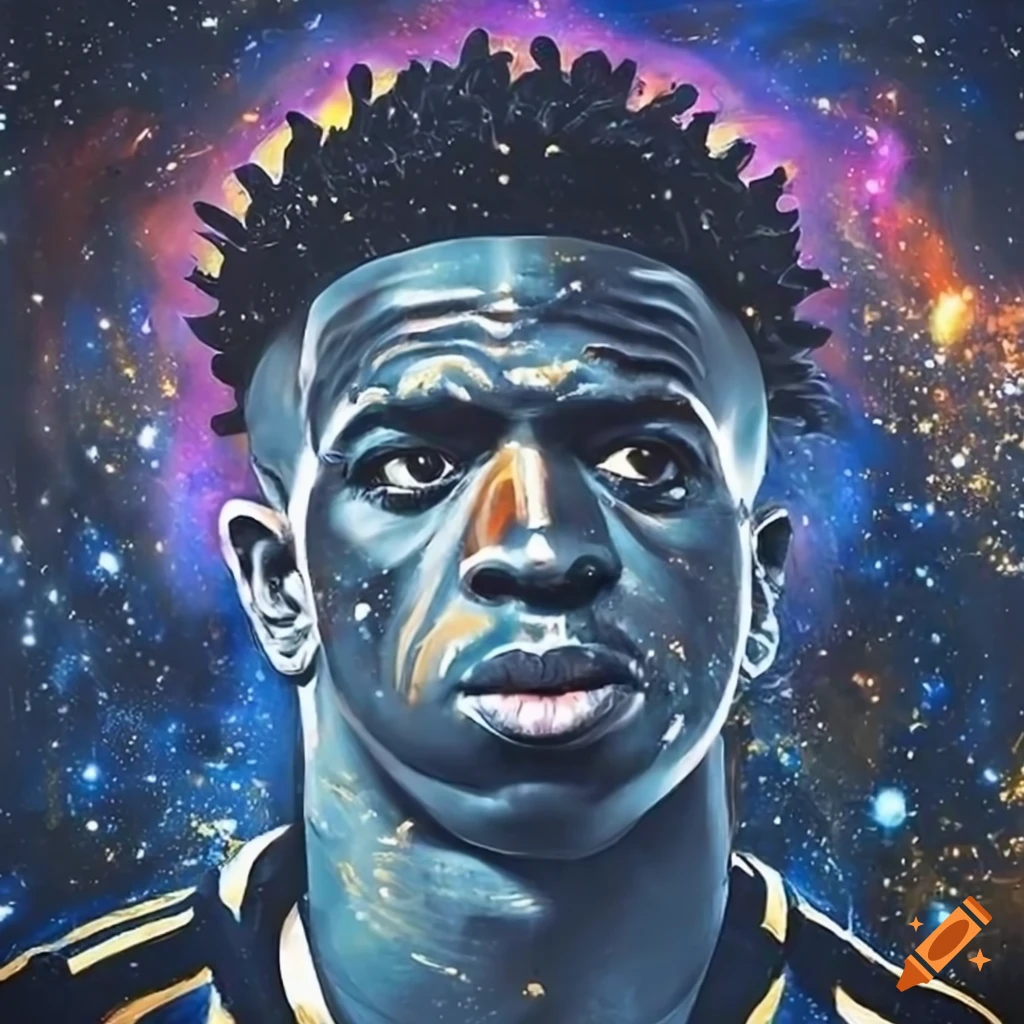 Intricate otherworldly painting of Vinicius in gold and white aura on a cosmic backdrop