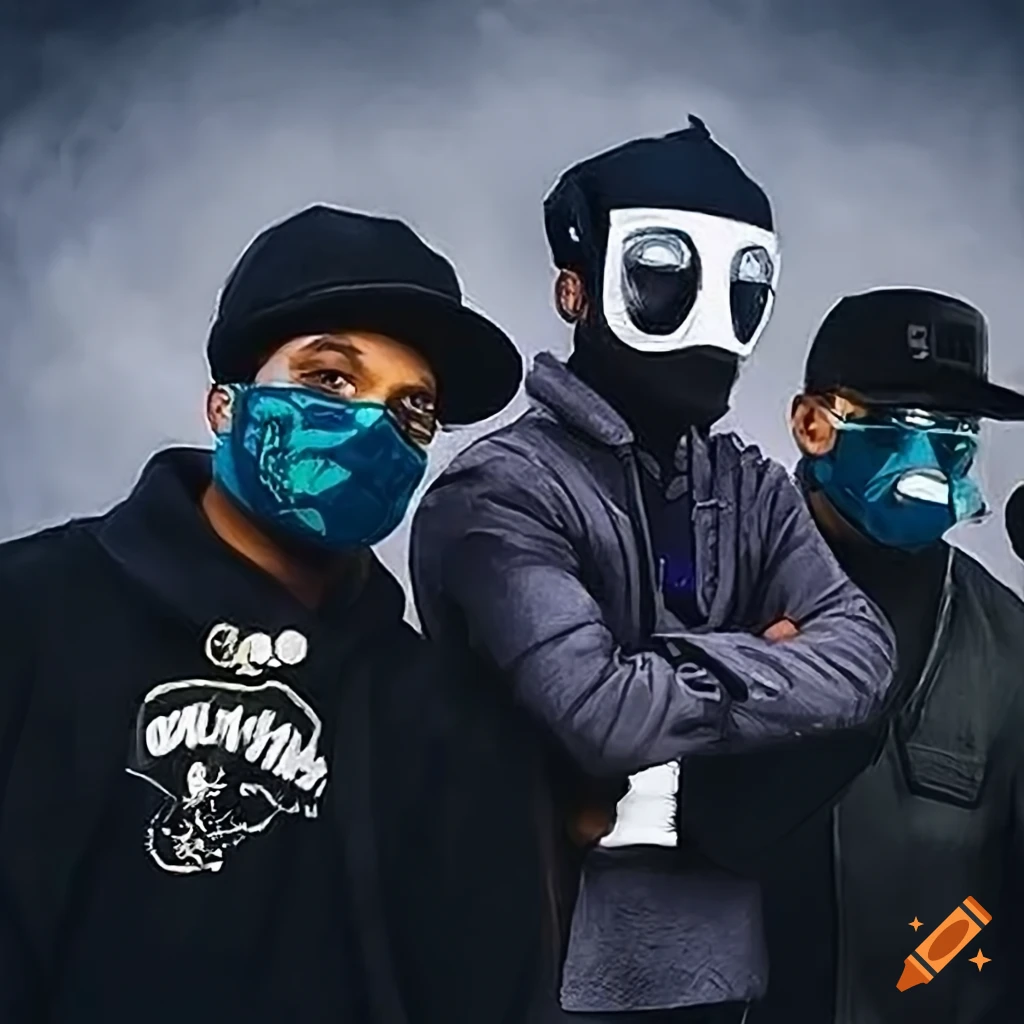 Highly detailed urban illustration of a hip-hop group of masked detectives, inspired by Greg Rutkowski's style