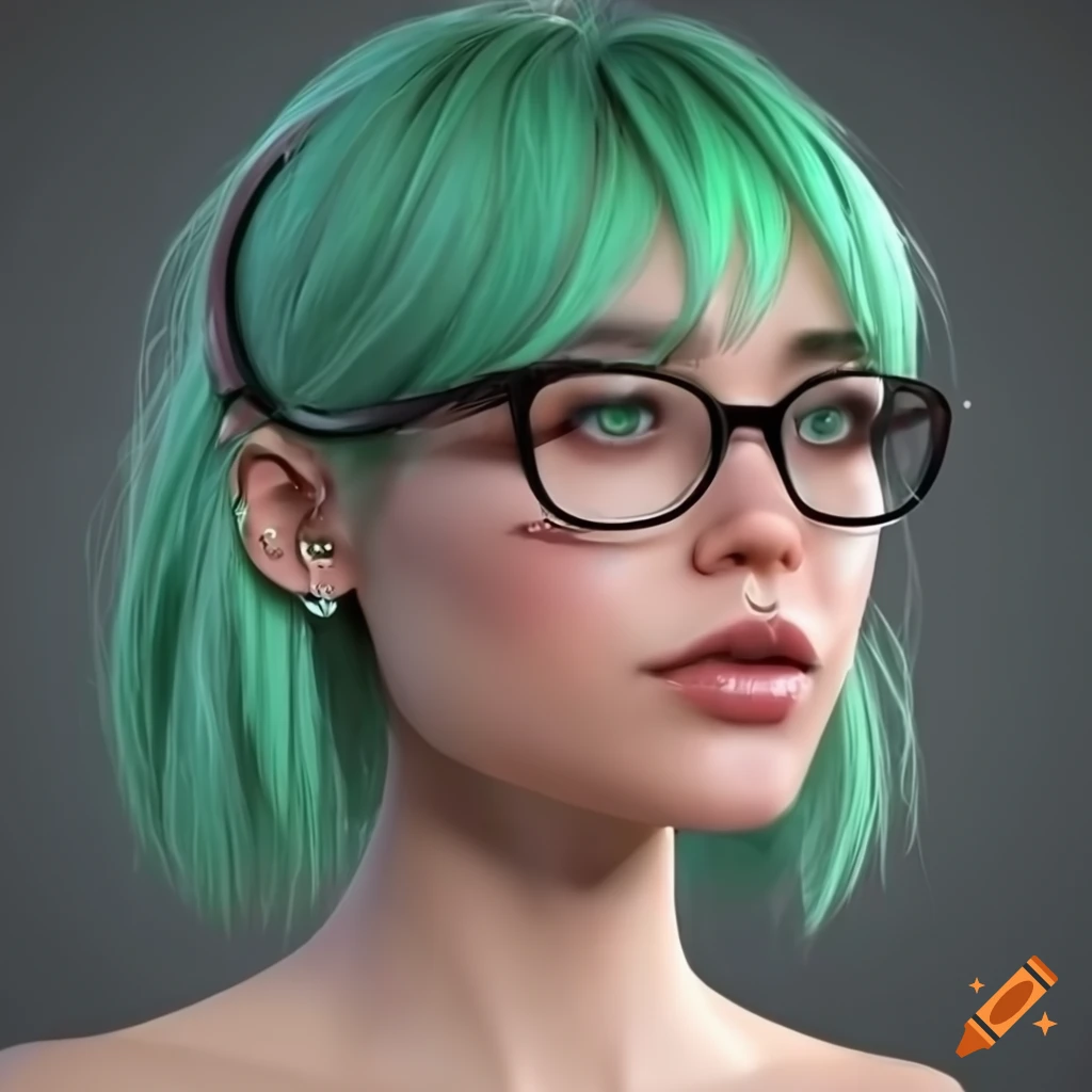 3D model with green hair, bangs, glasses, septum piercing, lip piercing, and ear gauges