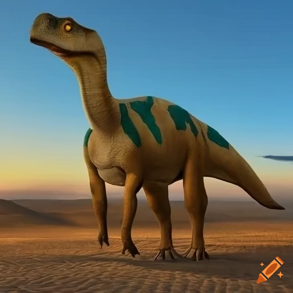 Duckbilled hadrosaur dinosaur with unique color pattern and textured skin in warm morning light