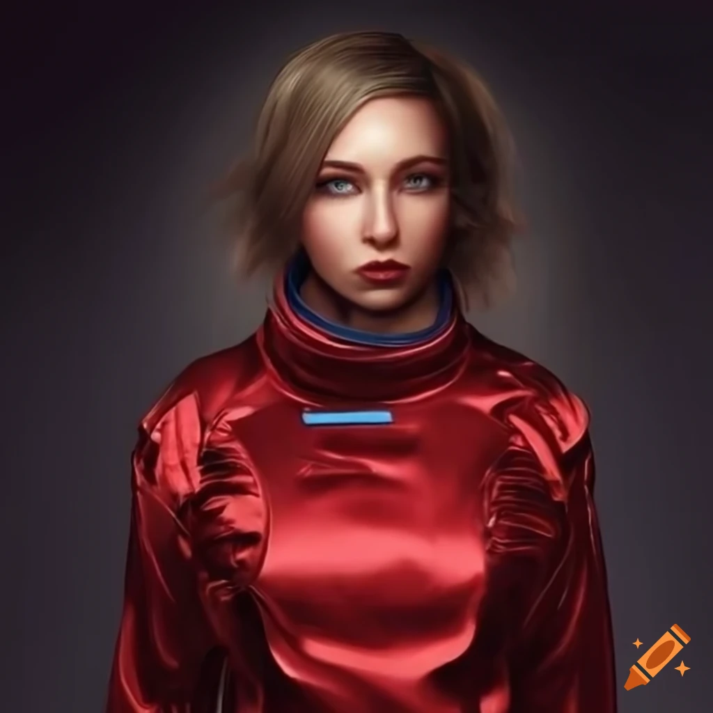 Beautiful woman astronaut in red formfitting space suit with clear