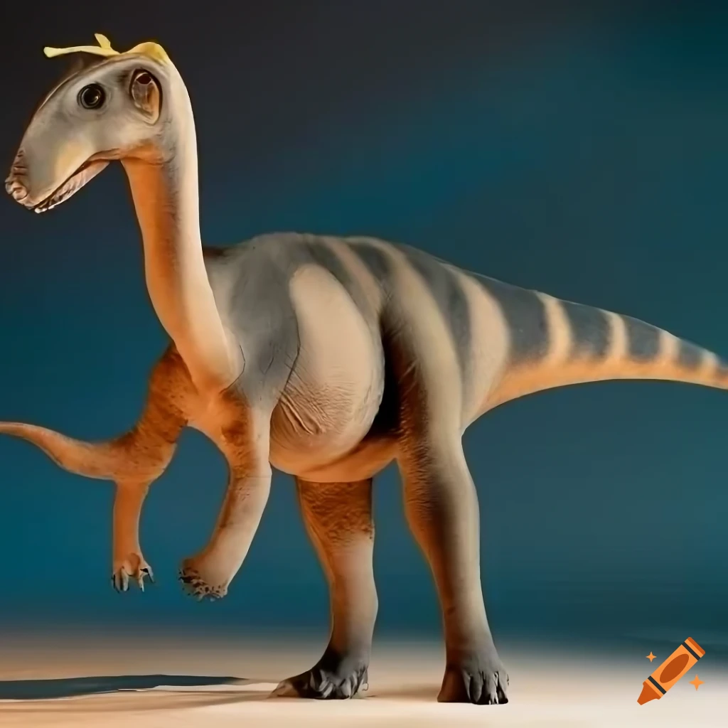 Duckbilled hadrosaur dinosaur with civet color pattern and detailed elephant-like skin texture in warm morning light
