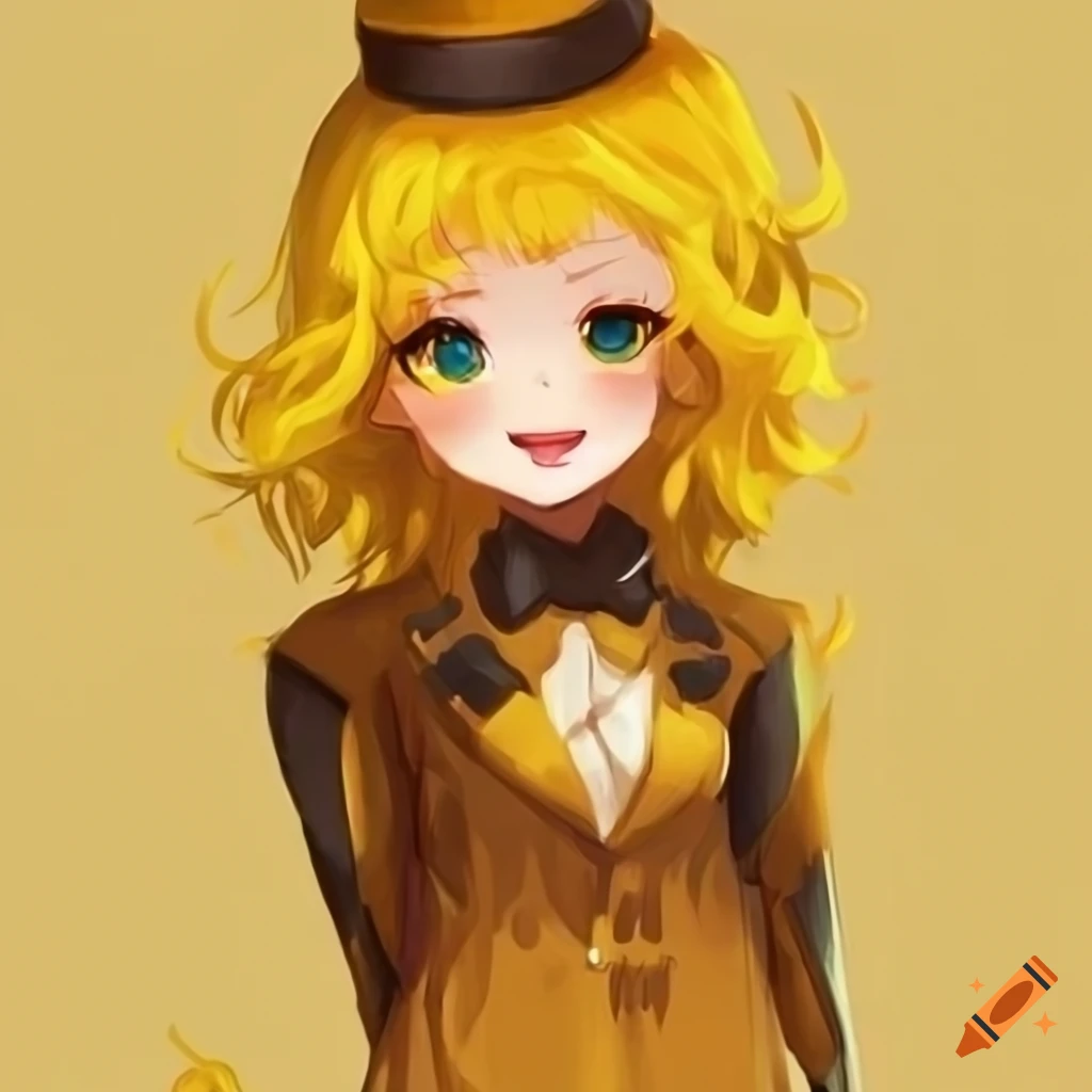 Artistic depiction of a whimsical character with yellow hair and skin, wearing a random suit and top hat, holding a cookie
