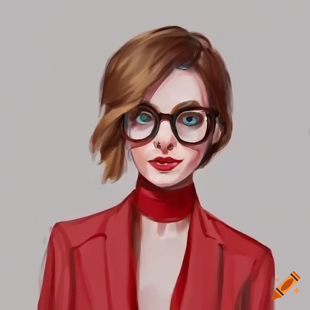 Young professional female doodle character in red suit and glasses