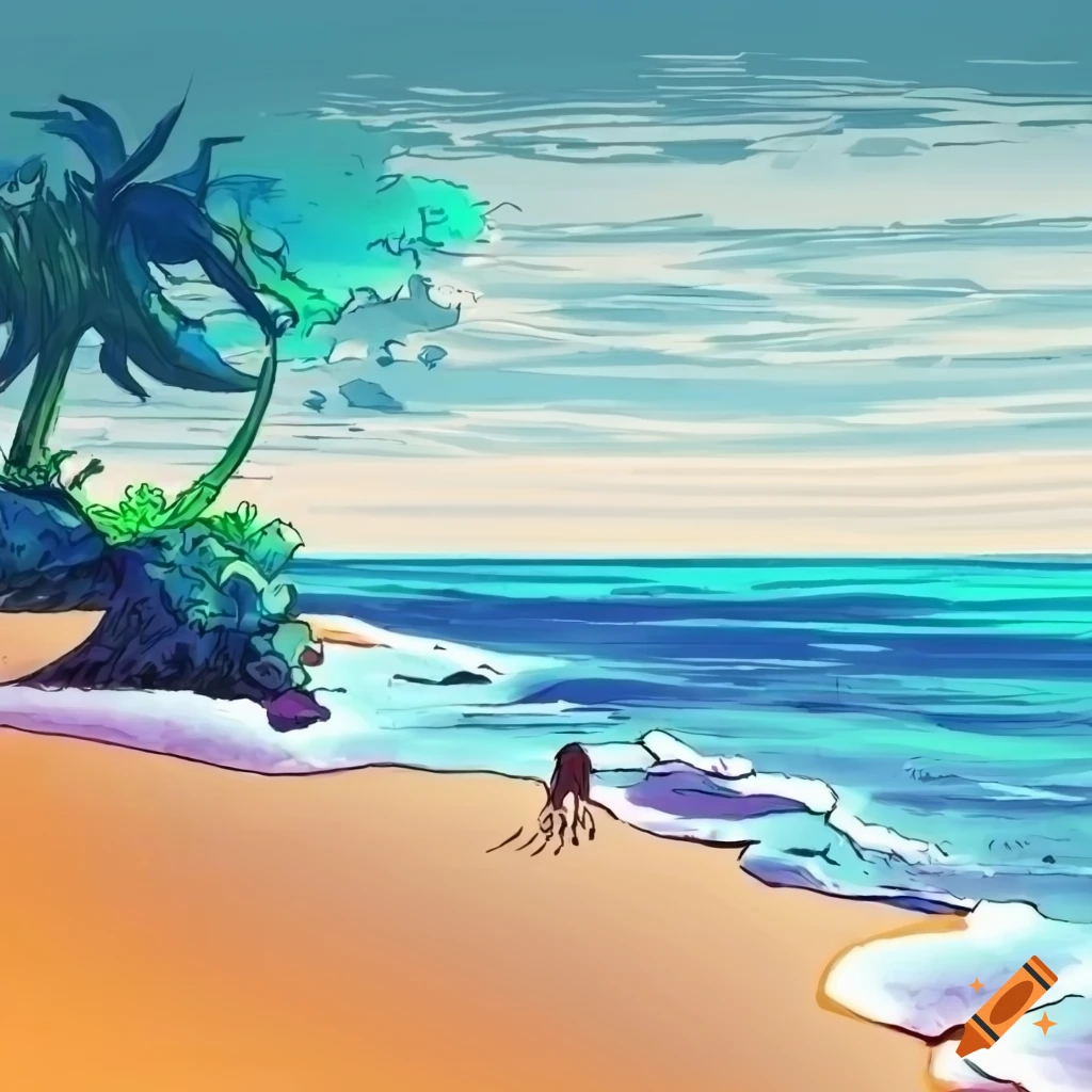 Manga-style drawing of a coast with footprints on the sand
