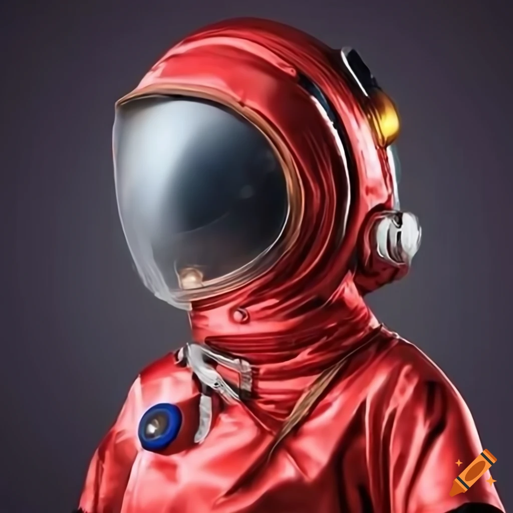 Beautiful female astronaut in red formfitting spacesuit with clear