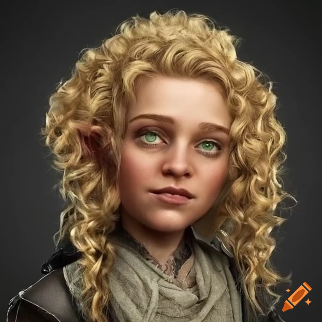 Curly blonde-haired female halfling rogue with green eyes and tan skin