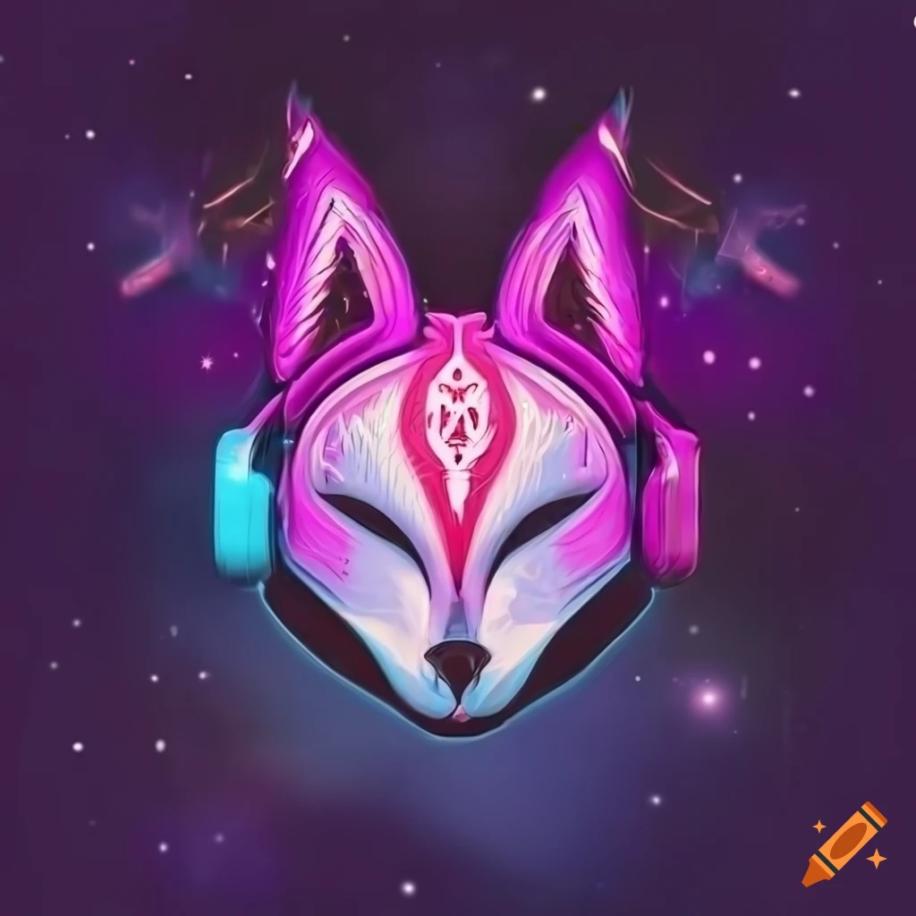 Cyberpunk kitsune logo with headphone amidst purple nebula