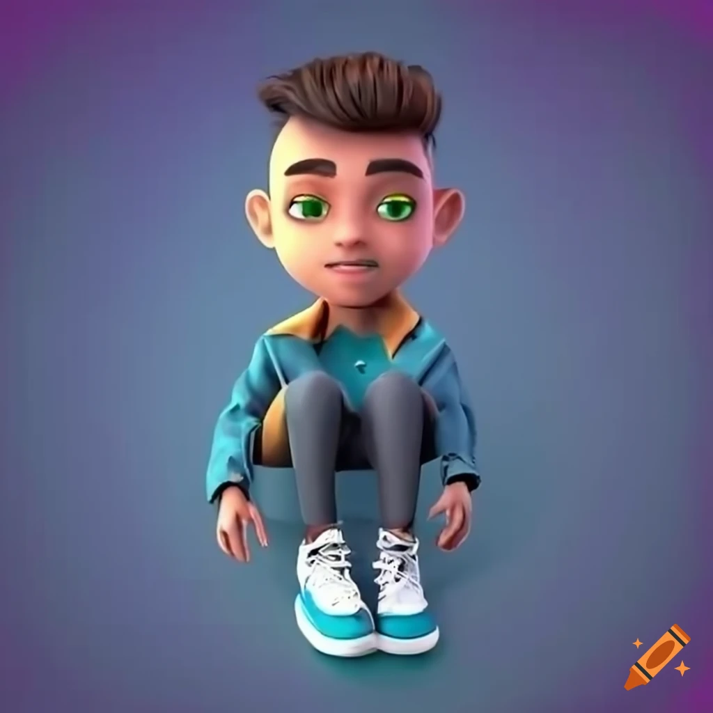 3D illustration of animated character sitting on YouTube logo with casual modern clothing