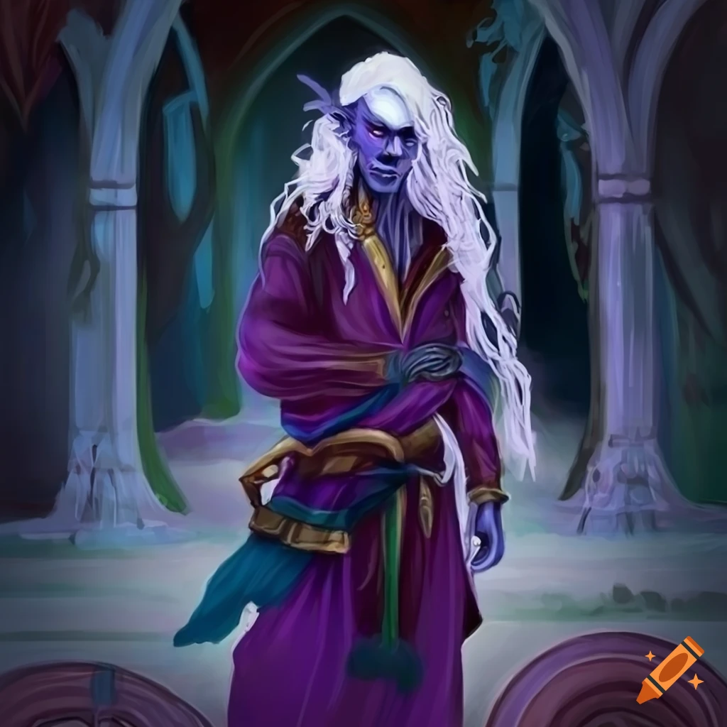 Male drow in colorful monk attire in a fantasy setting