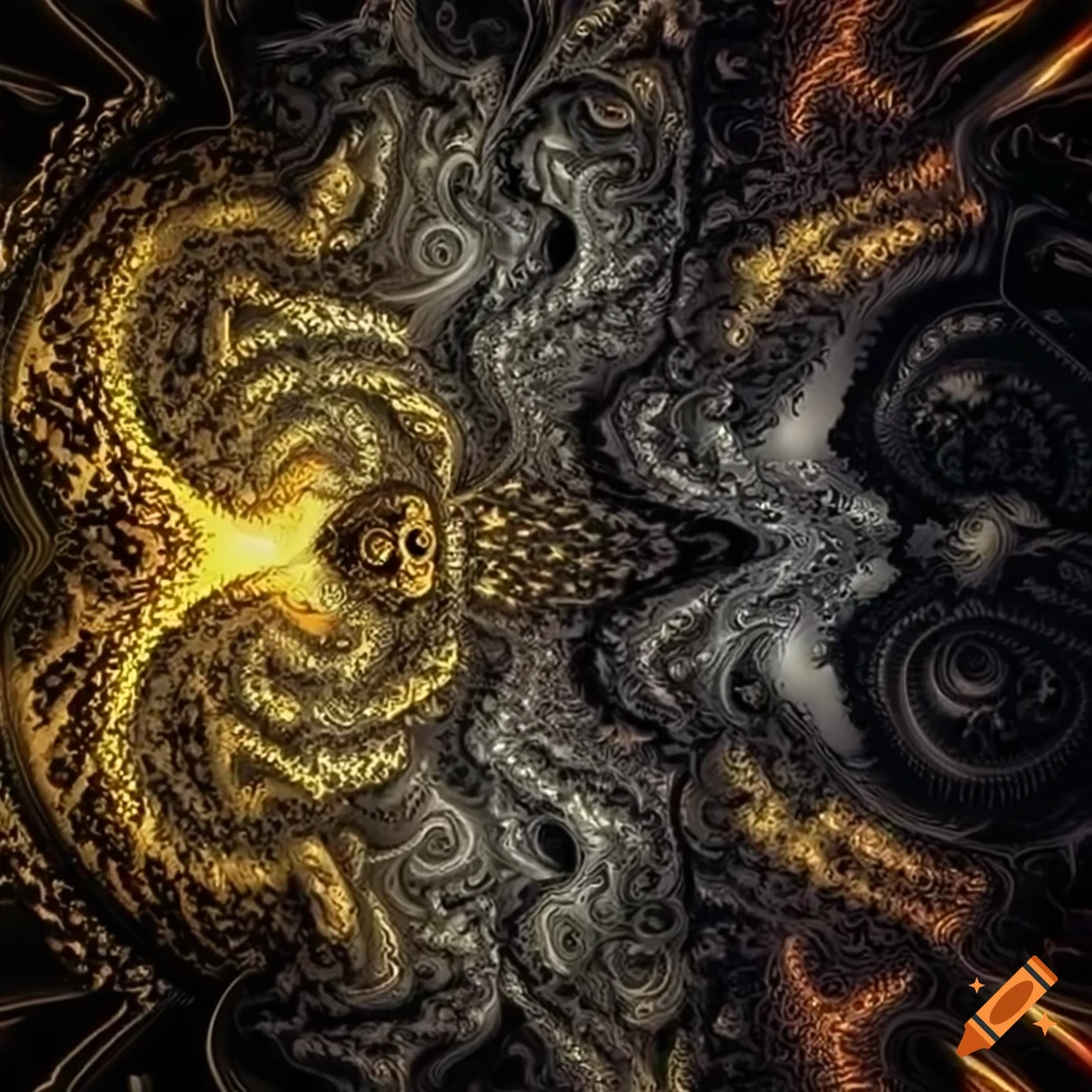 Golden electric thunder with fractal patterns and animals in metallic elements