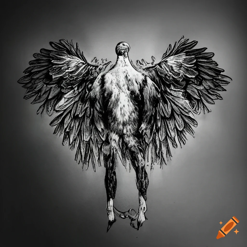 Detailed etching of a chestnut man with wings in black and white