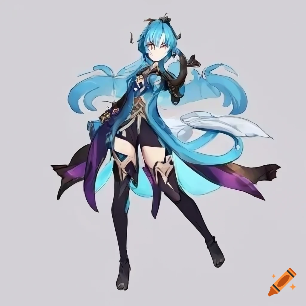 Female character with blue hair and mondstadt style clothing in Genshin Impact style concept art