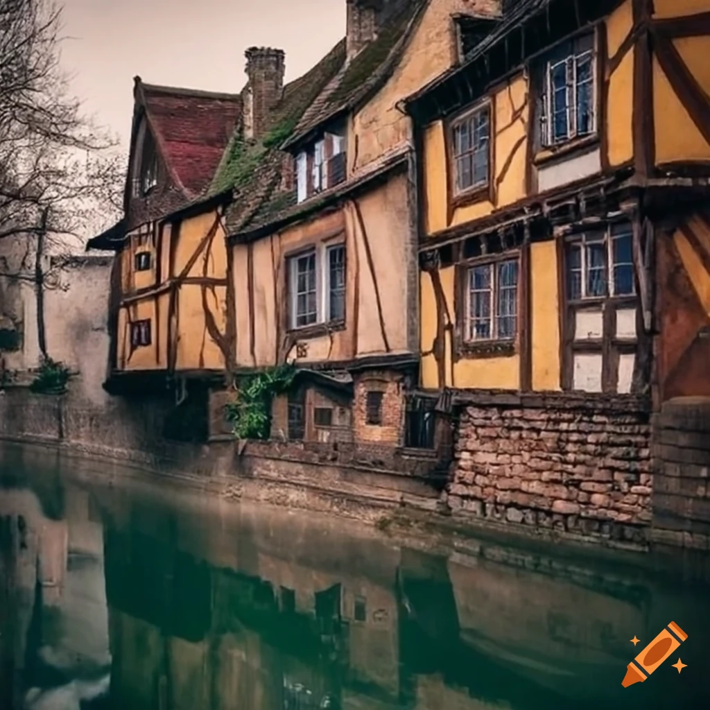 Medieval village with multi-story buildings, canal, and bridge on Craiyon