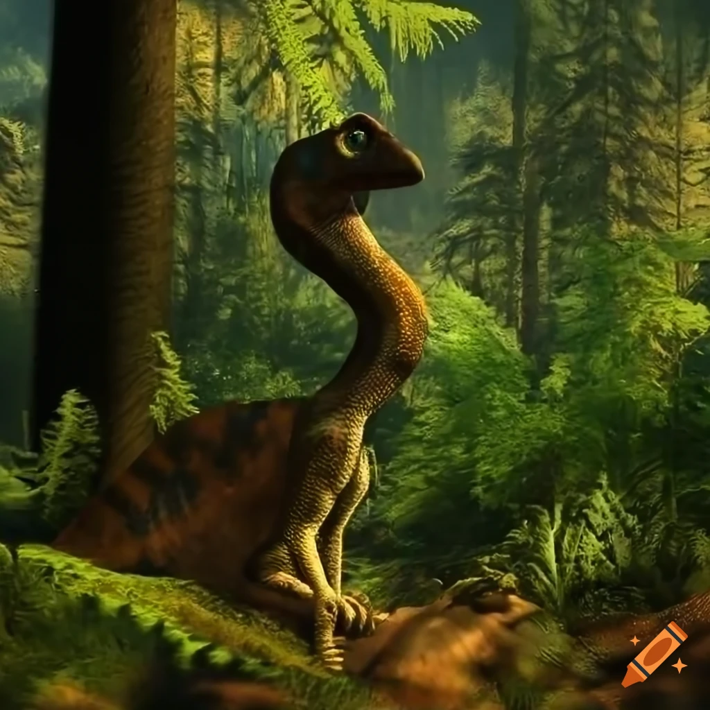 Duckbilled hadrosaur dinosaur with lizard-like color pattern and elephant-like skin texture in sunny morning light