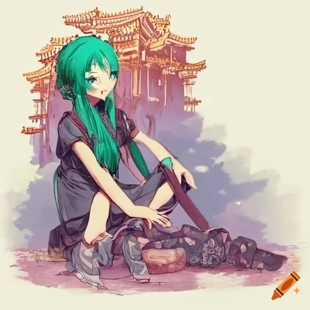 Young traveler with emerald hair in Japan, crying and holding injured knee near shrines and temples