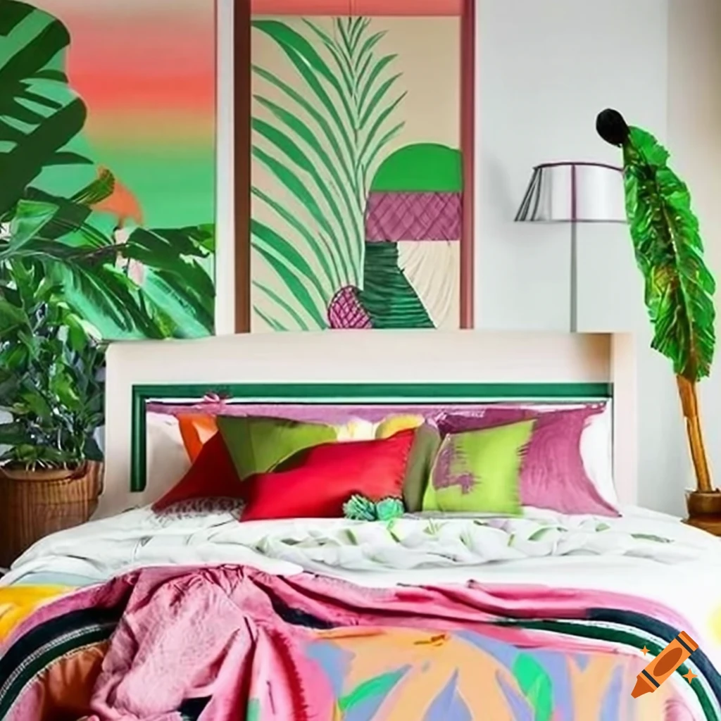 Stylish and inviting bedroom with tropical art deco vibe on Craiyon