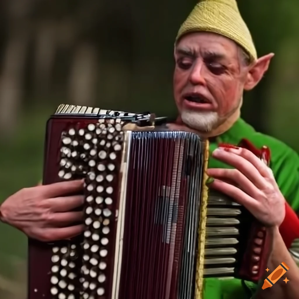 Elf man playing accordion outdoors on Craiyon