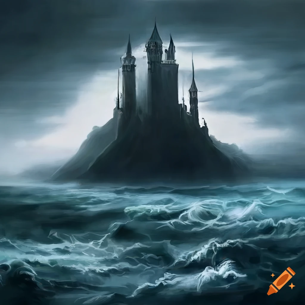Glittering tall white citadel amidst a stormy sea and dark cloudy sky in fantasy artwork