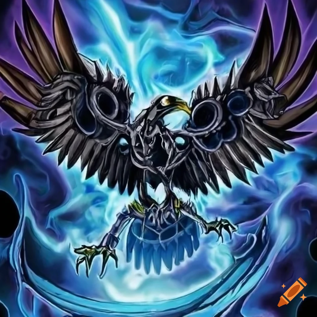 Adorable eagle skeleton made of blue flames in yugioh card artwork style