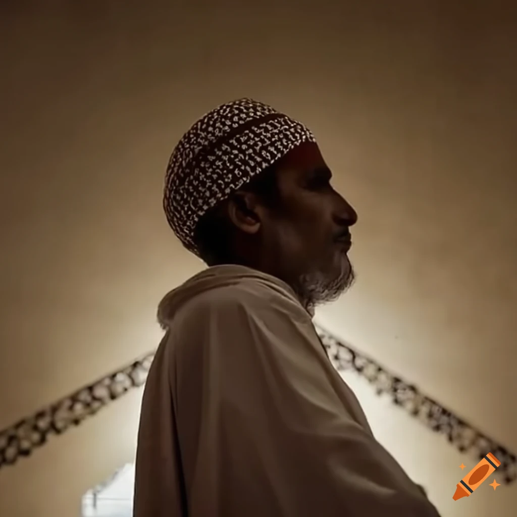 Young Muslim man leading prayer in a mosque with a chandelier
