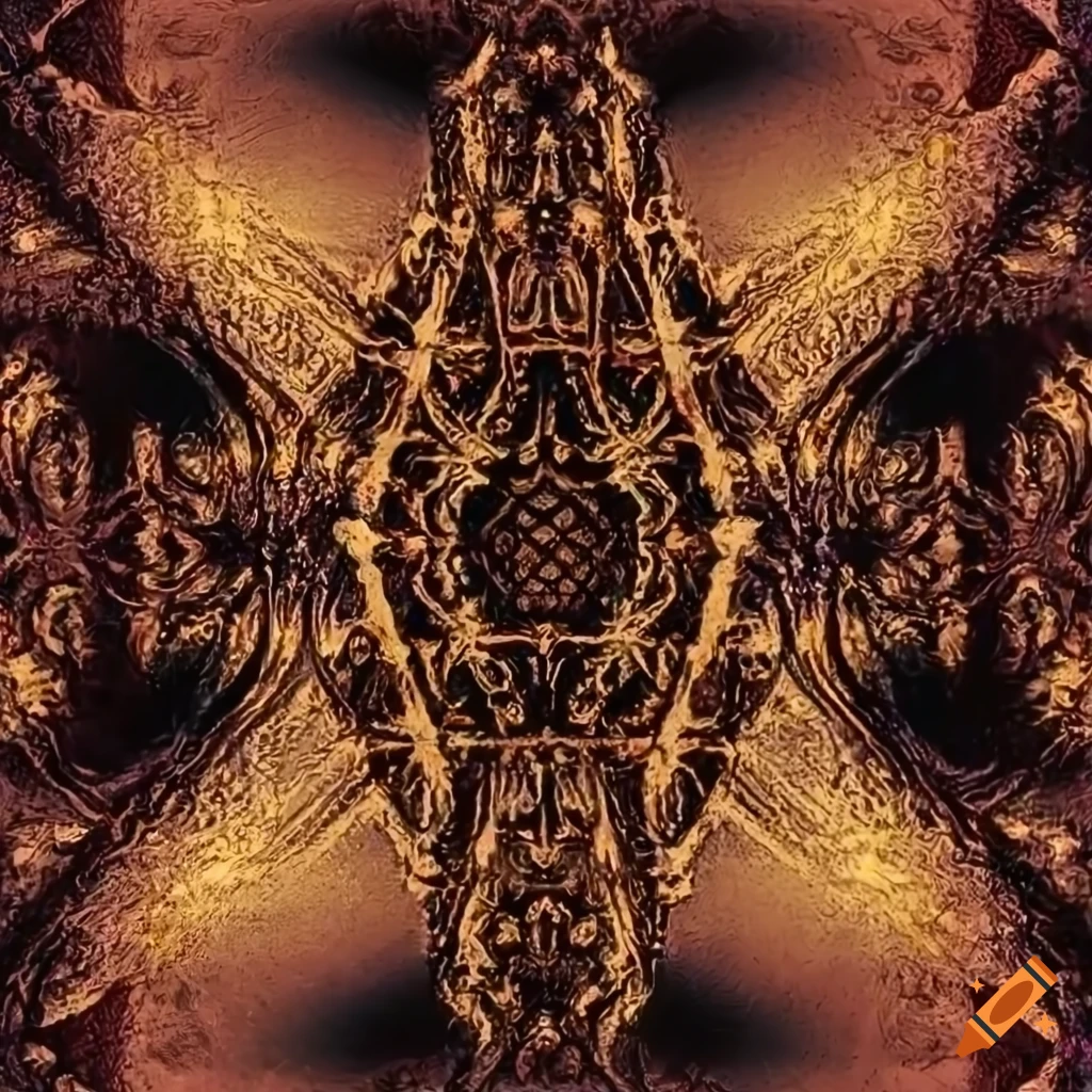 Gold cross with complex geometrical patterns on a dark red background