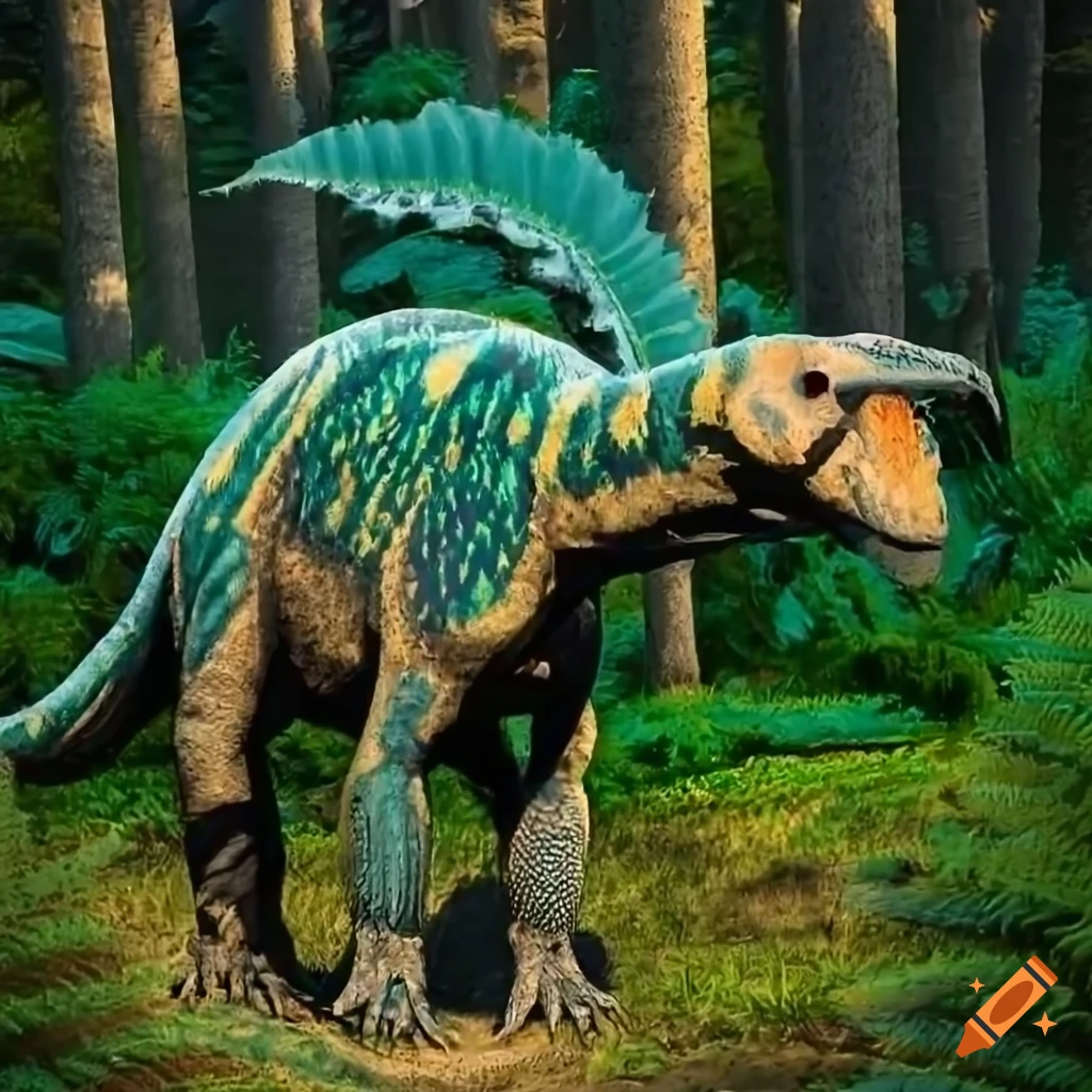 Duckbilled hadrosaur dinosaur with lizard color pattern and elephant-like skin texture in sunny British